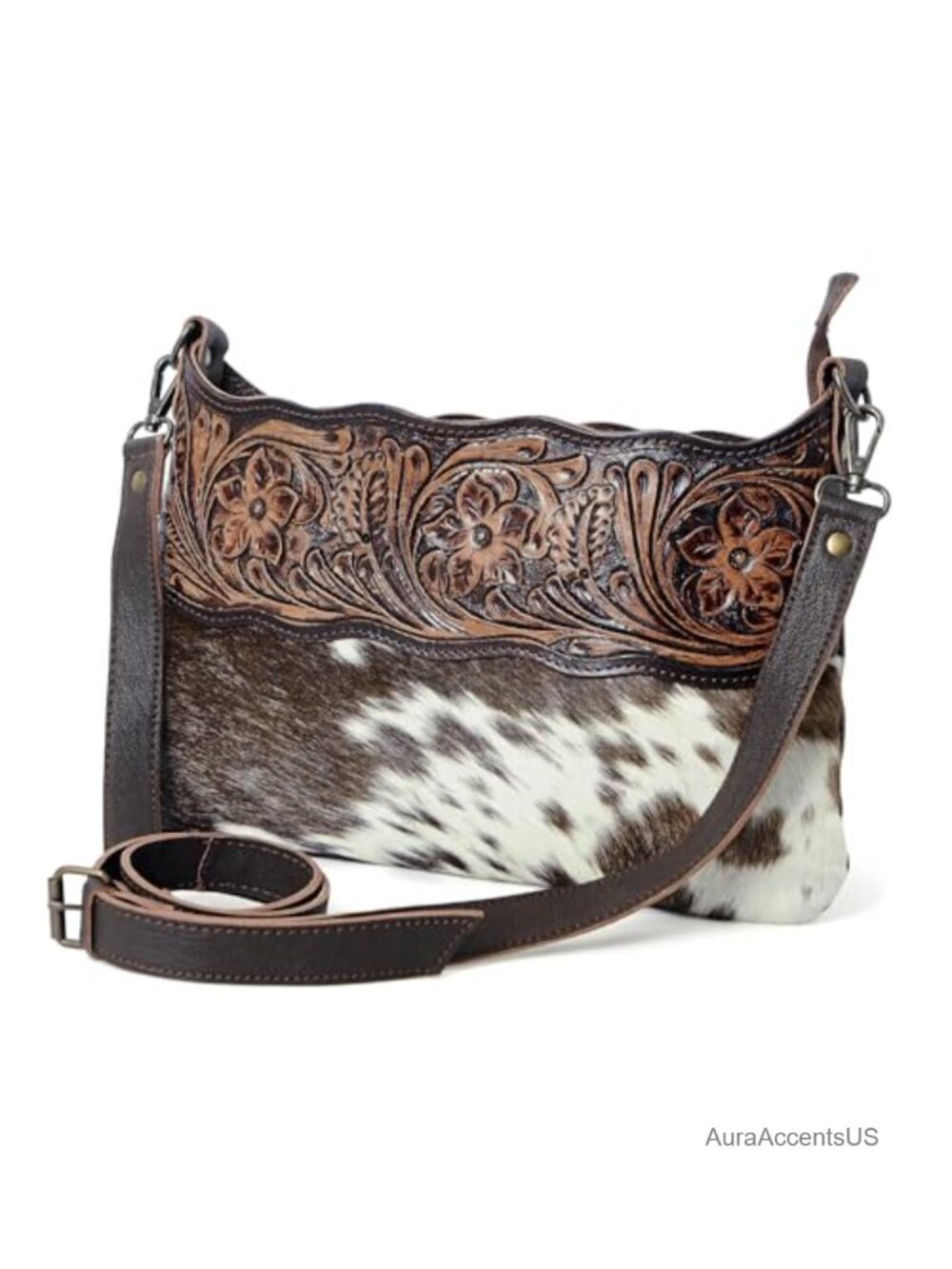 Genuine Leather Cowhide Crossbody Handbag Floral Tooled Shoulder Bag